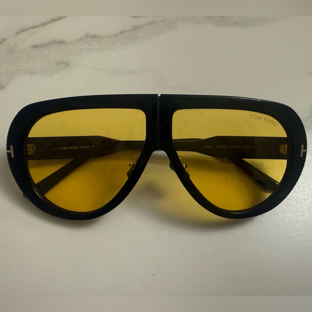 Tom Ford “Troy” Black Frame Sunglasses with Yellow Lenses